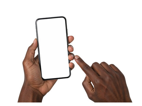 Close up of a person s hands holding and touching a modern smartphone with a blank screen isolated on transparent background