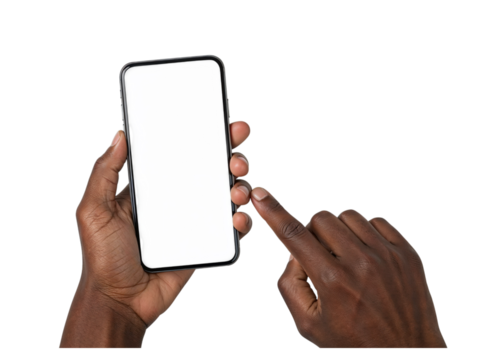 Close up of a person s hands holding and touching a modern smartphone with a blank screen isolated on transparent background
