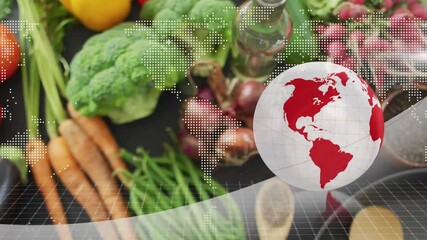 On start 3D globe rotating leftward shifting veggies while utensils sliding in for cooking demo