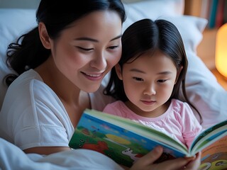 Loving mother and daughter reading a colorful storybook together in bed at night