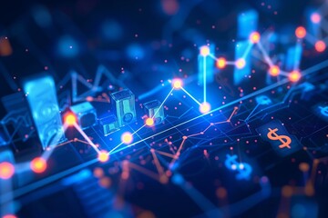 Abstract glowing line graph with upward trend and dollar icons, dark blue tech background, cash flow or income growth concept.
