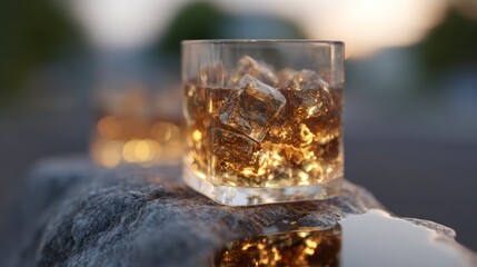 A glass of amber liquid with ice cubes rests on a rock with bokeh lights in the background