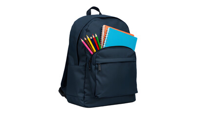 Black backpack filled with colorful pencils and notebooks isolated on white background, perfect for school and office use
