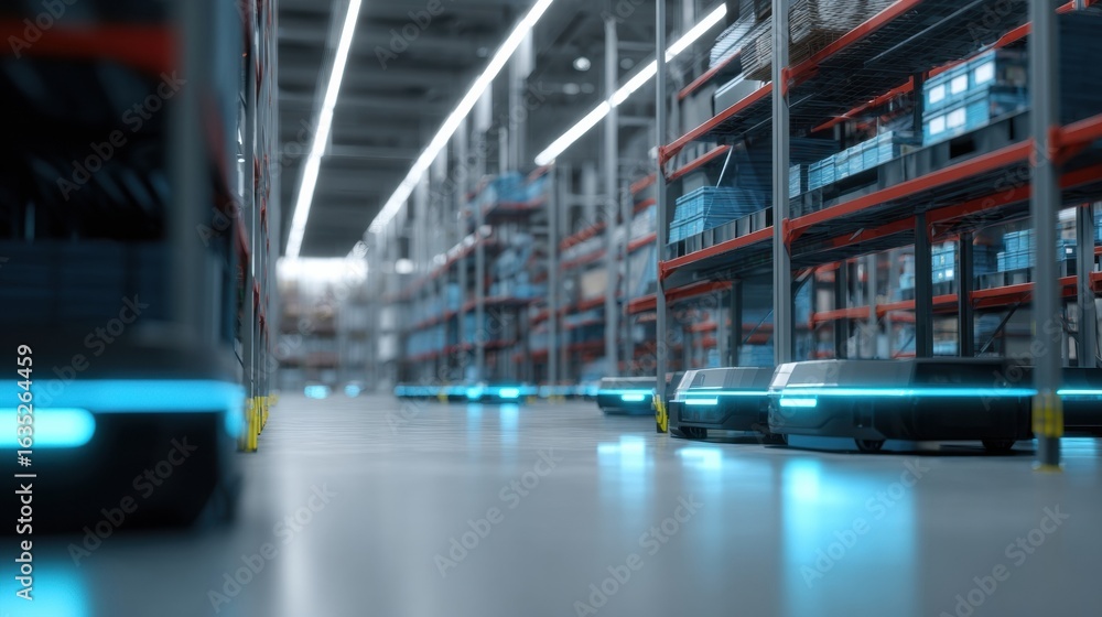 Poster autonomous robots navigating a modern warehouse filled with shelves and inventory
