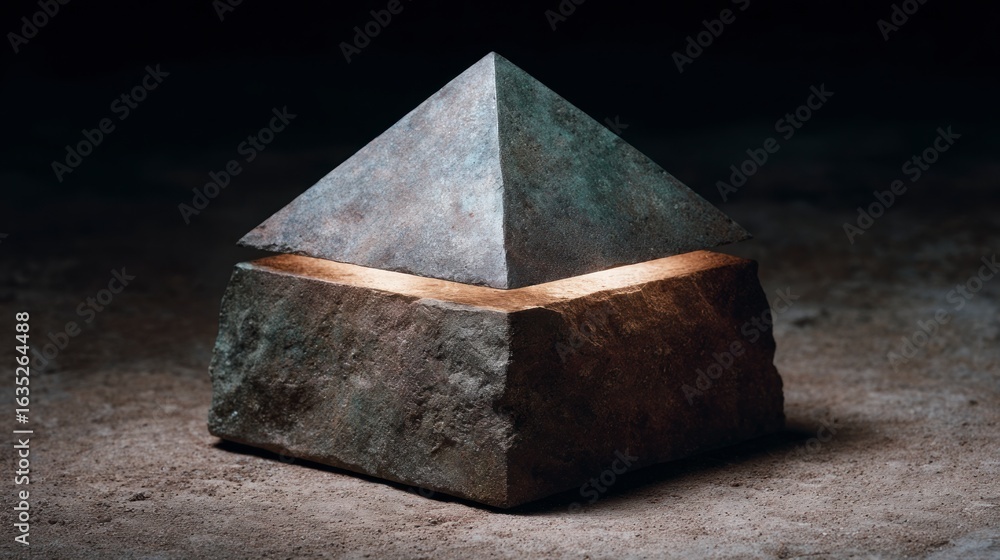 Poster stone pyramid structure with illuminated gap between geometric shapes geometry