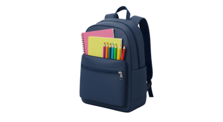 Blue backpack filled with school supplies including notebooks and colored pencils, perfect for back to school and educational use