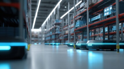Autonomous Robots Navigating a Modern Warehouse Filled With Shelves and Inventory