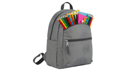 Gray backpack filled with colorful pencils and stationery isolated on white background, perfect for school or office use