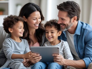 Happy diverse family with young children enjoying a tablet together on the couch