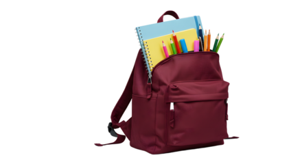 Red backpack filled with school supplies including colored pencils and notebooks isolated on white background, perfect for back to school preparations