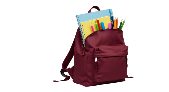 Red backpack filled with school supplies including colored pencils and notebooks isolated on white background, perfect for back to school preparations