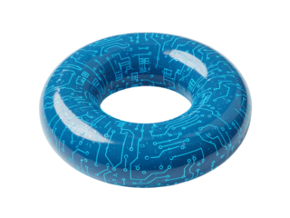 Abstract glowing blue torus with intricate circuit board pattern isolated on transparent background