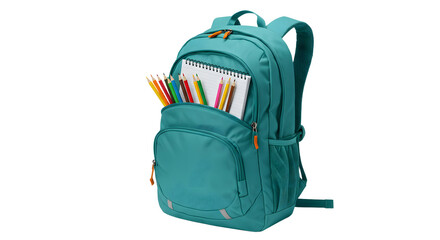 Teal backpack filled with colored pencils and a notebook isolated on white background, ideal for school or art supplies storage