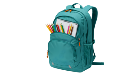 Teal backpack filled with colored pencils and a notebook isolated on white background, ideal for school or art supplies storage