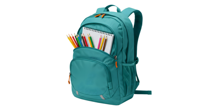 Teal backpack filled with colored pencils and a notebook isolated on white background, ideal for school or art supplies storage - Powered by Adobe