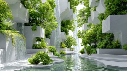 Fototapeta premium Futuristic Space Concept with Lush Greenery and Waterfalls