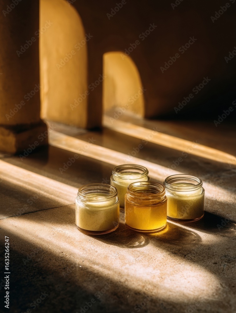 Poster natural candles arranged on a sunlit surface with soft shadows creating a warm atmosphere in a cozy 