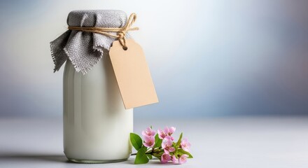 Milk bottle decorated with cloth tag and pink blossom flowers