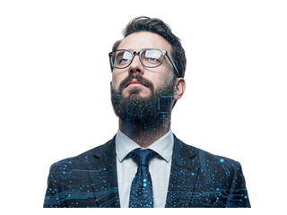 Confident businessman with beard and glasses looking upwards with digital data overlay isolated on transparent background