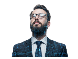 Confident businessman with beard and glasses looking upwards with digital data overlay isolated on transparent background