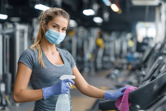 Young woman sanitizing costly gym equipment with a cloth and alcohol sprayer during the global pandemic for health safety - Powered by Adobe
