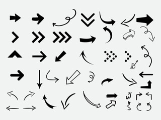 Arrow sign symbol vector elements, Collection of hand drawn arrow symbols and pointers in various styles and directions isolated on white background