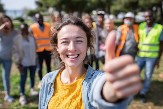 Woman giving thumbs up at outdoor volunteers meeting Group gathered outside