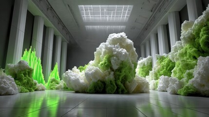 Futuristic White Room with Large 3D Visualization Elements