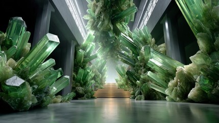 Futuristic White Room with 3D Visualization of Crystals and Gems