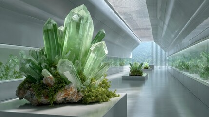 Futuristic White Room with Large Green Crystal Structures