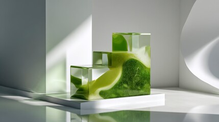 Minimalist Composition Featuring Transparent Green Blocks on Low Stand