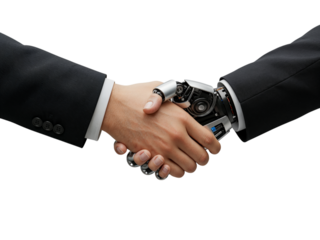 Close up of a human hand and a robotic hand shaking in agreement and partnership isolated on transparent background