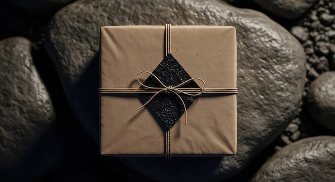 Wrapped gift box on rocks with string and diamond accent