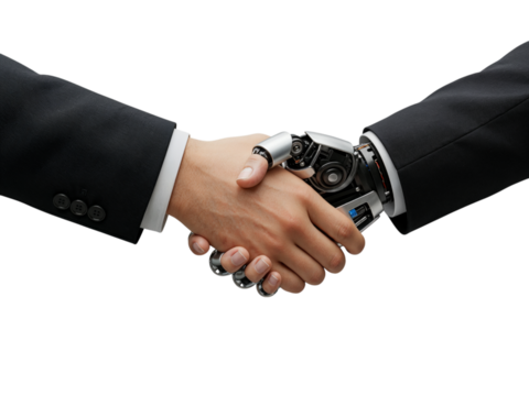 Close up of a human hand and a robotic hand shaking in agreement and partnership isolated on transparent background