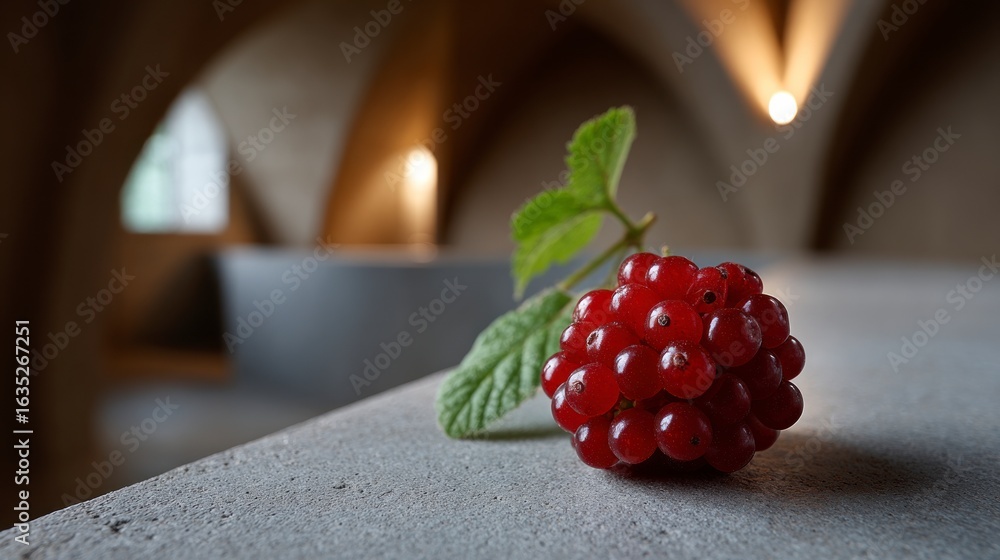 Poster A cluster of ripe red currants with a green leaf rests on a textured surface with blurred abstract background