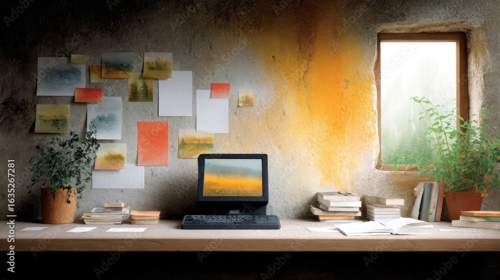 Poster Vintage desk setup with computer books and artwork on a textured wall with a window