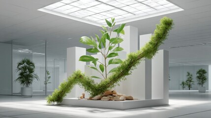 Modern White Space with Floating Green Plant and Growth Chart Design
