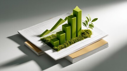 3D Green Bar Graph on Professional Desk with Projected Elements