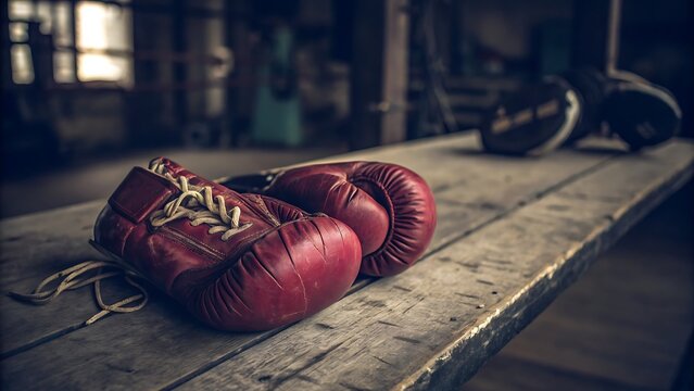A pair of red leather boxing gloves resting on a worn wooden bench