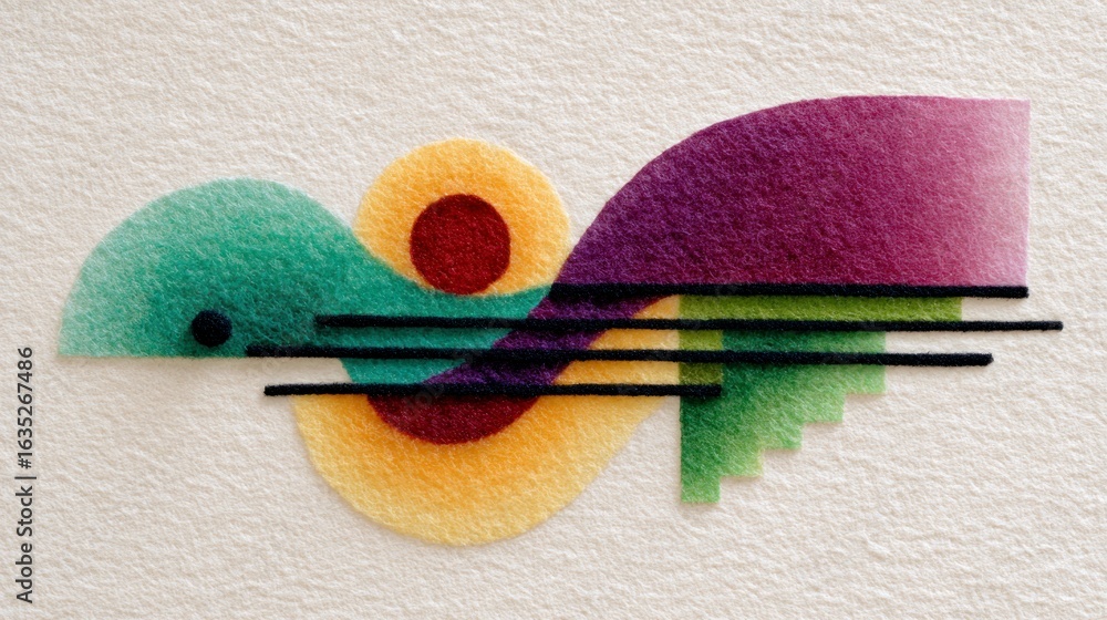 Aufkleber abstract geometric felt composition with colorful shapes and black lines on a textured background