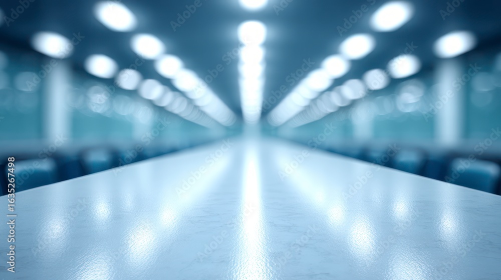 Poster long empty conference table with rows of chairs and ceiling lights creating a blurred perspective