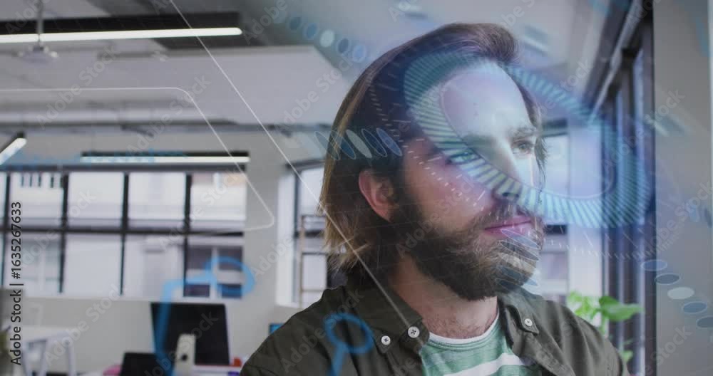 Poster tech pro standing by windows observing holo bars materializing, rubbing chin and analyzing data