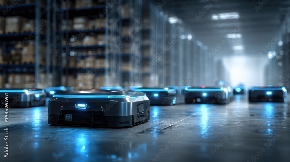 Poster automated delivery robots working in a modern warehouse during the day