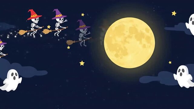 Halloween scene skeletons on brooms ghosts by full moon stars and clouds