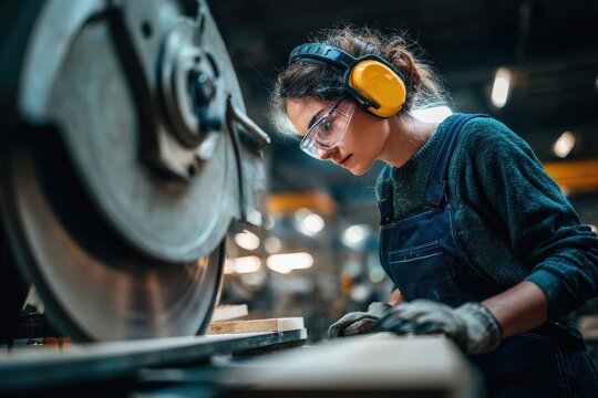 Woman worker at lumber factory using saw