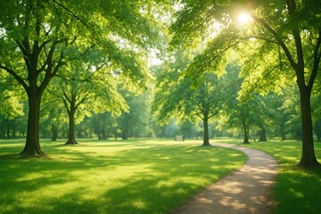 Dappled sunlight filtering through park trees creating natural bokeh atmosphere for outdoor recreation and environmental wellness content marketing