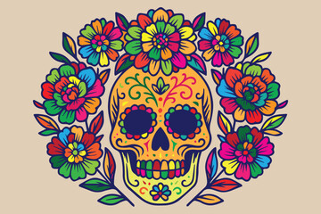 Colorful vector background inspired by Mexican Dia de los Muertos, combining floral motifs, sugar skulls, and bold lines for cultural visual impact.

