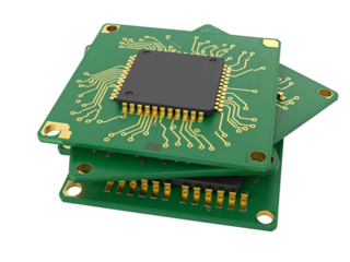 Close up of stacked electronic circuit boards with integrated circuits and golden pins isolated on transparent background