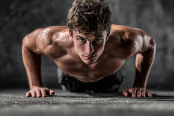 Young athletic man performing push ups blurred concrete wall behind