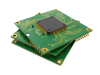 Stack of green printed circuit boards with a central processor chip isolated on transparent background